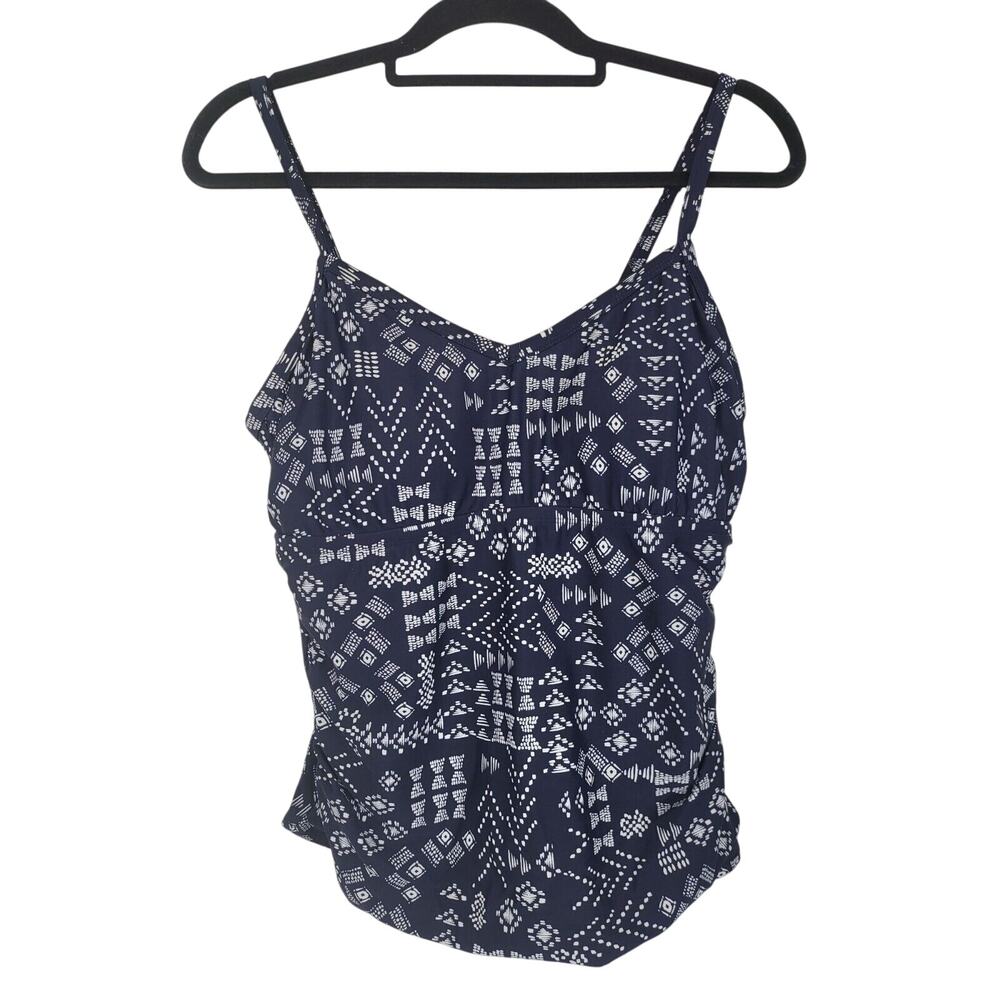 Kona Sol Swim Top 14 Womens Plus Size Blue White Sleeveless Swim Wear Padded
